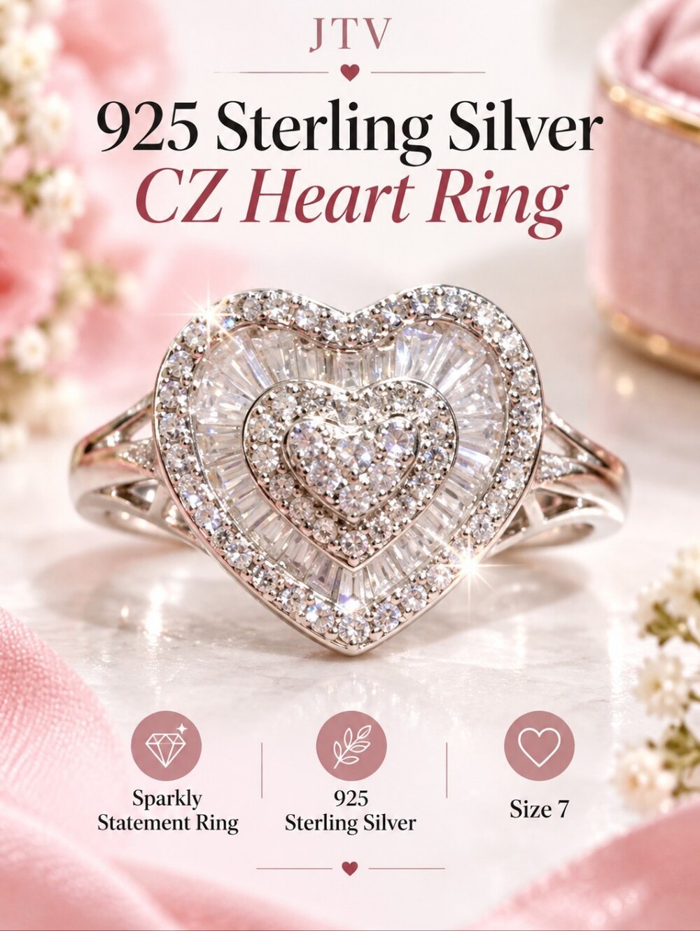 JTV 925 Sterling Silver CZ Heart Statement Ring